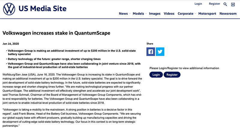 大眾向QuantumScape追加2億美元投資 研發(fā)固態(tài)電池技術